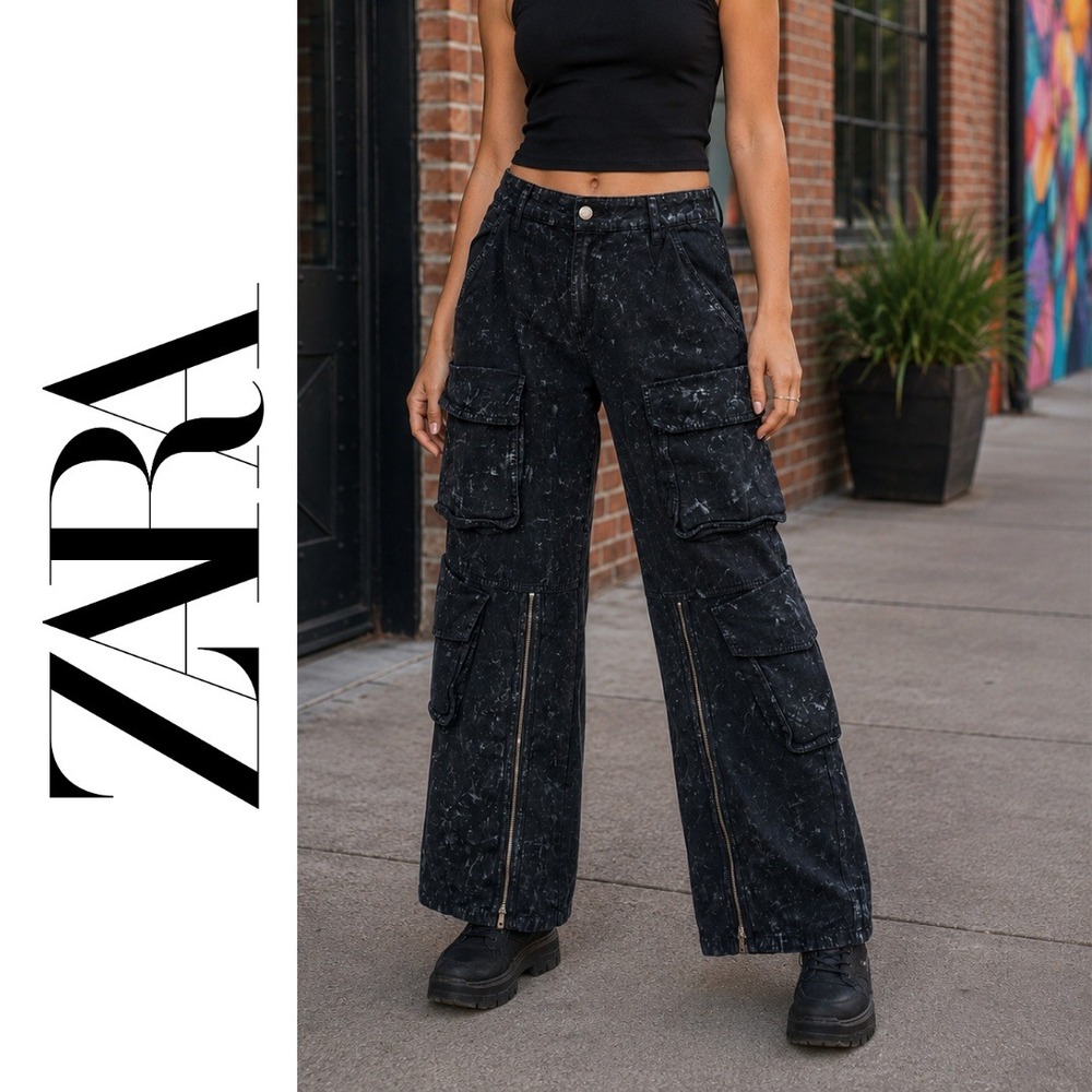 Zara, Black Acid Wash Multi Pocket Zipper Cargo Pants Wide Leg Size Small